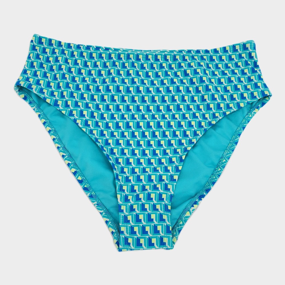 Time and Tru High Waist High Leg‎ Geometric Swim Bottom Large Teal Blue Yellow